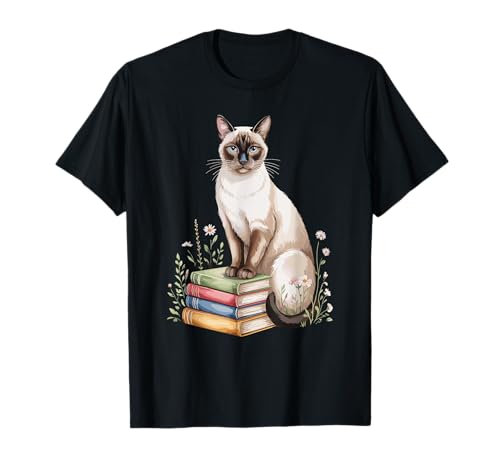 Siamese Cat Meezer Bookworm Flowers Book Reading Books T-Shirt