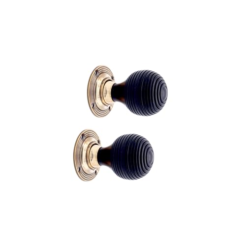 Infinity Decor Victorian Pure Ebony Wooden Beehive Mortice Rim Door Knobs Pull Handles on Aged Brass Rose 55mm – Ideal for Interior & Exterior Doors