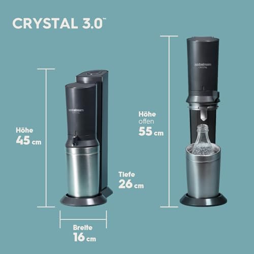 Bild 2 - SodaStream Crystal 3.0 Wassersprudler mit 1x Quick-Connect CO2-Zylinder und 2X Glaskaraffen, Silber, Schwarz, Titan, 45 cm