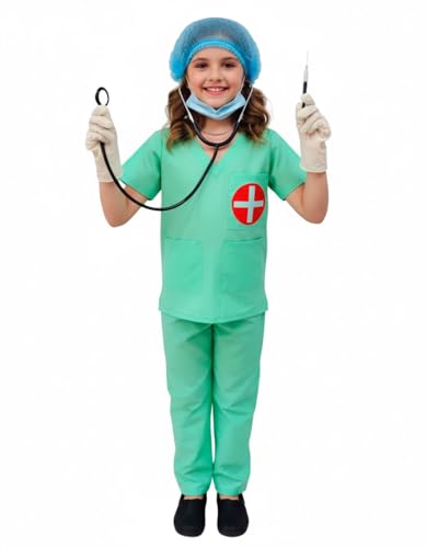 Image of BookMyCostume Surgeon Doctor Dress for Kids 7-Pc Costume - Complete Medical Uniform Set with Stethoscope, Mask, Cap, Syringe & Gloves | Perfect for School Fancy Dress Competition Role Play 6-7 Years