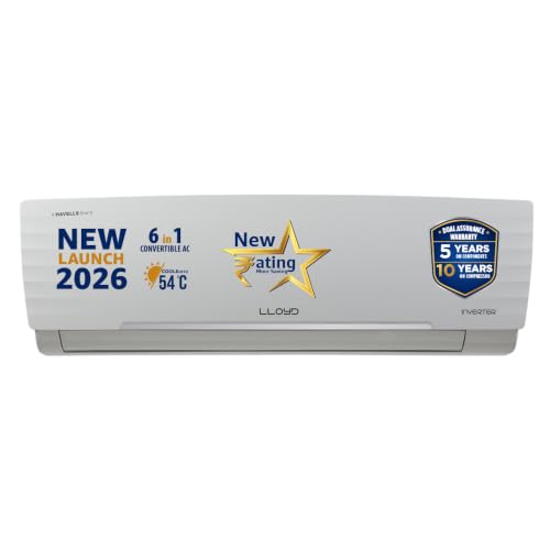 Image of Lloyd 1 Ton 5 Star Inverter Split AC, 2026 New Star Rated (6 in 1 Convertible, Cools Up To 54C, DG Mode, Ice Clean, Smart 4 Way Swing, Turbo Cool, Installation Check, White, GLS12I5GGGGR)