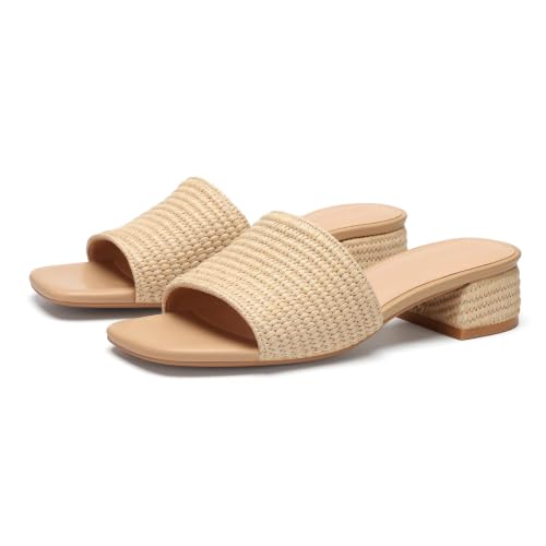 VICKI·VICKI Women’s Raffia Slide Sandals, Low Heel Square Toe Open Toe Slip On Sandals for Women, Memory Foam Insole, Summer Vacation Casual Sandals Apricot Size 7.5 by VICKI·VICKI - Used condition - Image 6