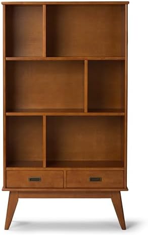 SIMPLIHOME Draper Bookcase - 64 inch Tall Solid Wood Wide Storage Bookshelf in Teak Brown, Mid-Century Modern Storage for Living Room, Study Room or Office with Adjustable Shelves and Tapered Legs