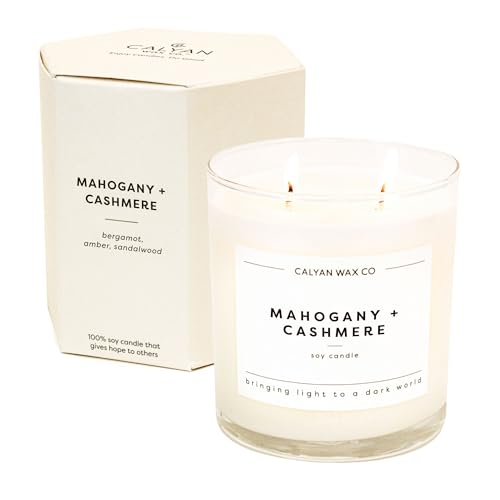 Image of Calyan Wax Co. Mahogany & Cashmere 2 Wick Scented Candle - 37 Hour Burn - Luxury Non Toxic Soy Wax Candles - Long Lasting Large Glass Jar Candle for Home - 8.8oz