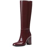Oiamenne Burgundy Boots for Women Knee High Round Toe Chunky Heeled Tall Boots with Side Zipper Fashion Wide Calf Boots, Size 10