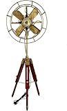 Antique Tripod Fan with Wooden Stand – Vintage Designer Pedestal Floor Fan – Retro Metal Blade Standing Fan for Home, Office, Living Room Décor – Industrial Classic Style (12'D x 4'W x 4'H)