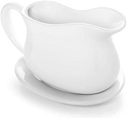 Gonioa 17oz Porcelain Gravy Boat and Tray with Dripless Lip Spout, Gray Bowl, Gravy Sauce Boat for Turkey, Warming Sauces, Salad Dressings, Milk and More - Microwave and Dishwasher Safe, White