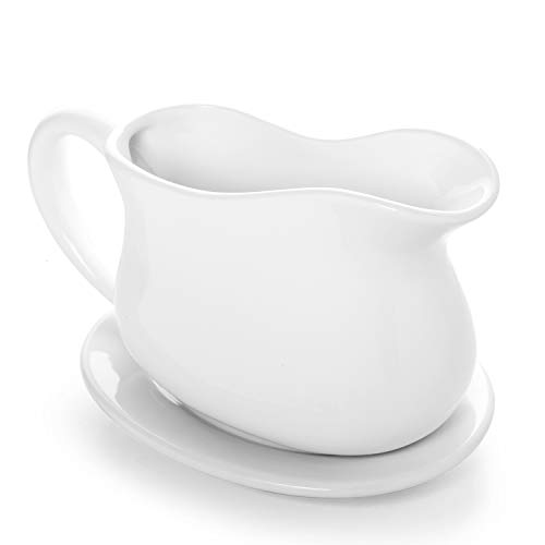 17oz Porcelain Gravy Boat and Tray with Dripless Lip Spout, Gray Bowl, Gravy Sauce Boat for Turkey, Warming Sauces, Salad Dressings, Milk and More – Microwave and Dishwasher Safe, White