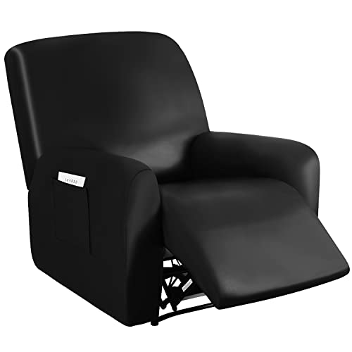 Pu Leather Recliner Slipcovers With Pockets，4 Pieces Waterproof Stretch Recliner Chair Covers，Washable Furniture Protector With Anti-Slip Elastic Strap Shield For Pets Kids Children Pets (Black) #TOP6