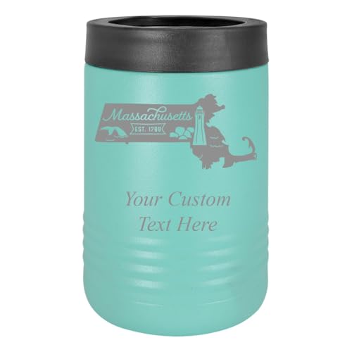 Massachusetts State Engraved 12 oz Teal Insulated Can Cooler – Double Wall Stainless Steel Beer Bottle Holder with Rubber Top - Laser Engraved All 50 States - Keeps Drinks Cold - Powder Coated