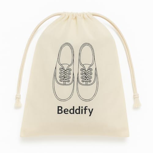 Image of Beddify Pack of 6 Cotton Travel Shoe Cover (14 X 16 Inch) Large Pouch Footwear Organizer Durable Drawstring Bags Suitable for All Size Footwear 100% Cotton Reusable & Washable Shoe Bags - Off White