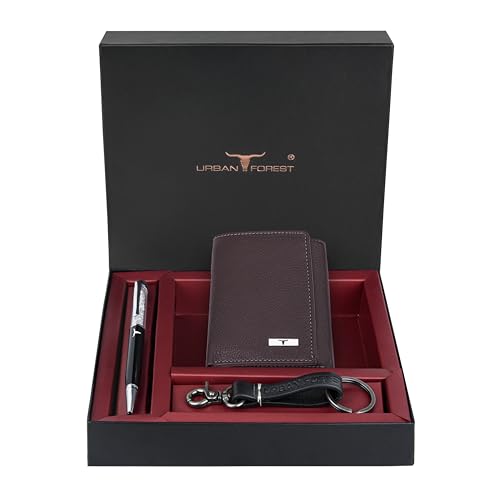 Image of URBAN FOREST Theo Brown Leather Wallet, Diamond Pen & Keychain Combo Gift Set for Men