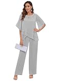 BONOYUER Silver 2 Pieces Mother of The Bride Pant Suits Chiffon Formal Wedding Guest Outfits for Women Dressy 16W