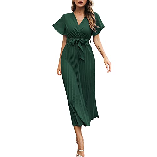 Robe longue plissée col en V de qualité supérieure avec volants et manches délicates