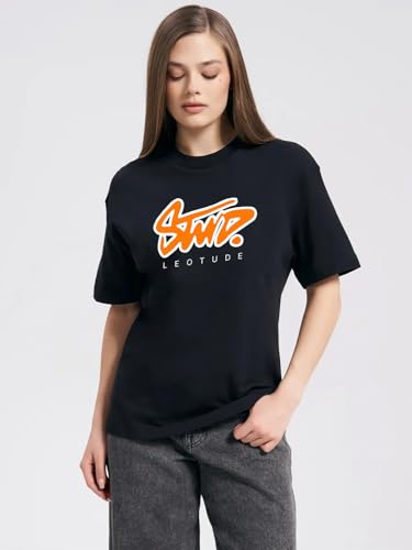Image of LEOTUDE Women Cottonblend Half Sleeve Oversized Regular Fit T-Shirts