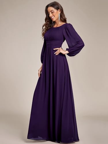 Ever-Pretty Damen Abendkleid Lang Elegant Maxi Hochzeit Lange Ärmel Chiffon Brautjungfernkleider Ballkleid Dunkelviolett 48