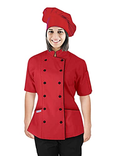 Chef's Apparel Short Sleeves Women's Ladies Chef's Coat Jackets with Chef Hats (Red, X-Large)