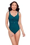 Aqua Green Women's Tummy Control Cinched V-Neck Side Shirred One Piece Swimsuit, Lagoon, X-Large