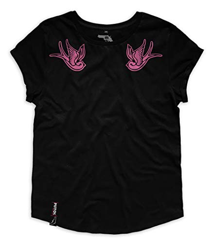 Pistol Boutique T-shirt décontracté à manches roulées et col rond pour femme Motif hirondelles Noir - Noir - X-Large Cover