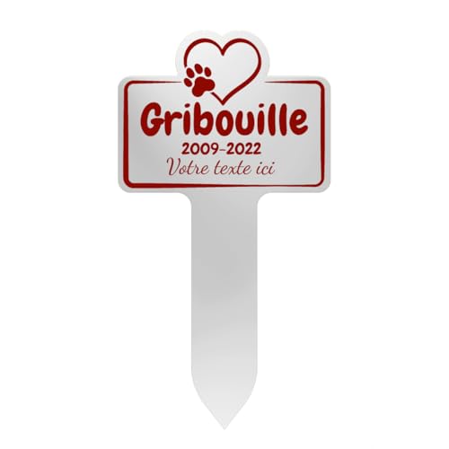 GRAVURE CONCEPT Plaque Funéraire pour Animaux - Stèle Commémorative Personnalisable PVC (Chien/Chat etc) - (Modèle 1 / Blanc Texte Rouge)