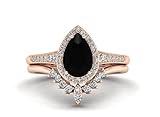 Pear Shaped Black Onyx Engagement Ring Set Black Stone Engagement Ring 14K Rose Gold Bridal Wedding Ring Black Teardrop Halo Engagement Ring