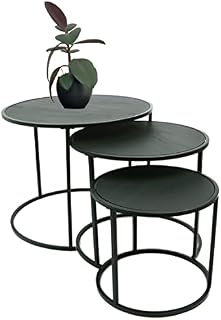 DIVCHI Round Nesting Set of 3, Modern Wooden Look with Metal Black Base Coffee Side Tables for Small Spaces, Nightstand Bedside Table for Living Room, Bedroom,Balcony