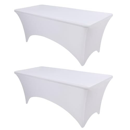 Image of OutdoorLines 2 Pieces White Spandex Table Cover for 4 Feet Rectangle Table - Elastic Massage Bed Fitted Table Cloth, Stretch Wrinkle Free Patio Table Covers for Party, Wedding and Birthday