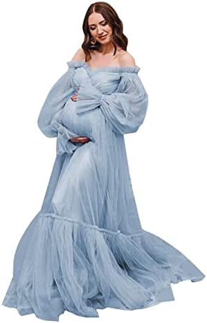 Fluffy Tulle Plus Size Maternity Dress for Photoshoot Off The Shoulder Robes Gown Dusty Blue Long Sleeve Baby Shower Pregnancy Gowns