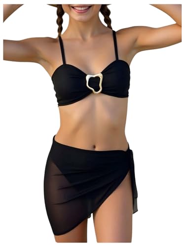 La Mejor Selección de Camisolas y pareos para Niña para comprar online. 48 OYOANGLE - Traje de baño de 3 piezas para niña con pareos de playa transparentes, Negro, 16 Años