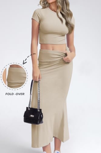 Image of CHYRII Womens Two Piece Sets Short Sleeve Crewneck Cropped Top Bodycon Fold Over Maxi Skirt Maxi Dress Outfit