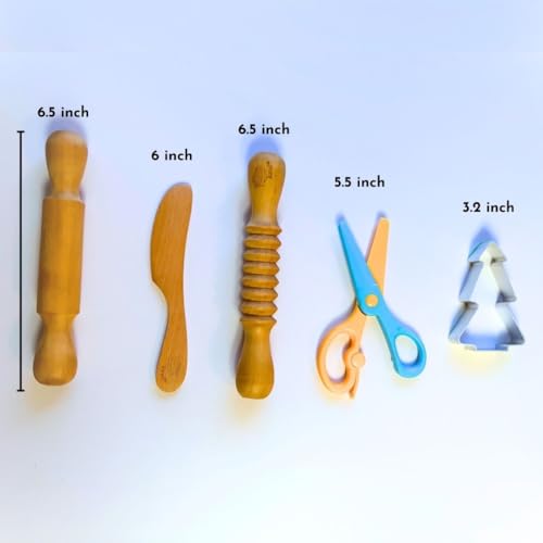 Lattooland Play Dough Tools |Wooden Tools for Clay |Montessori Toys |Pretend Play| Durable & Safe | Set of 5 Child-Sized Tools for Boys Girls 2 3 4 5 6 7 - Image 6