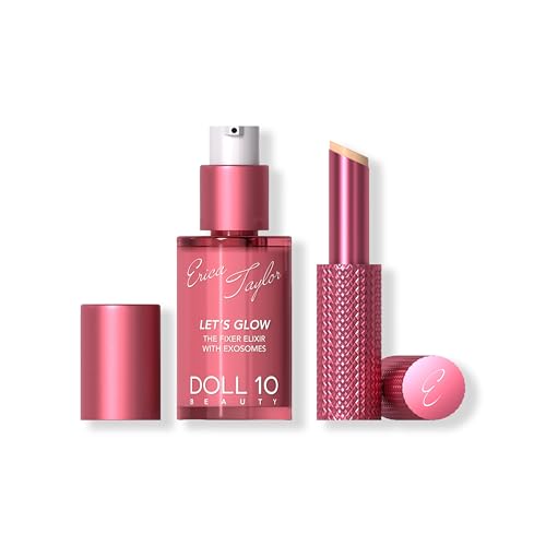 DOLL 10 X Erica Taylor - Lets Glow Duo- Brightening Face Serum + Face & Under Eye Balm Stick - Hydrating Makeup Prep Set for Radiant Refreshed Skin- Hyaluronic Acid Niacinamide NAD- Fair to Medium