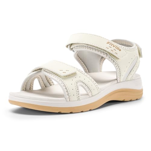 FitVille Women's Orthopedic Wide Sandals Strappy Arch Support Flat Sandals for Plantar Fasciitis & Swollen Feet | Adjustable Ankle Strap (Beige, 8 Wide)