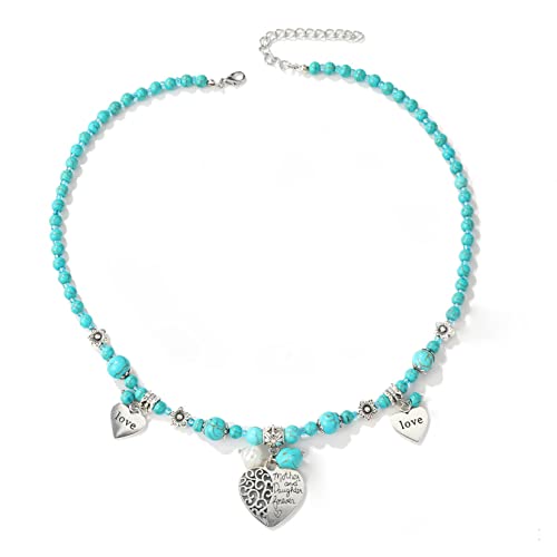 HMOOY Turquoise Necklace, Boho Long Beaded Necklace Vintage Ethnic Bohemian Turquoise Pendant Necklace Statement Western Jewelry Gifts for Women (Heart)