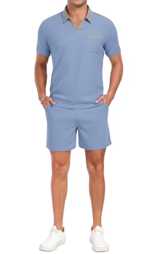 PrinStory Men's Summer Track Suits Waffle Knit Polo Shirt and Shorts Set Casual 2 Pieces Outfits with Pockets Blue-2XL — view 5