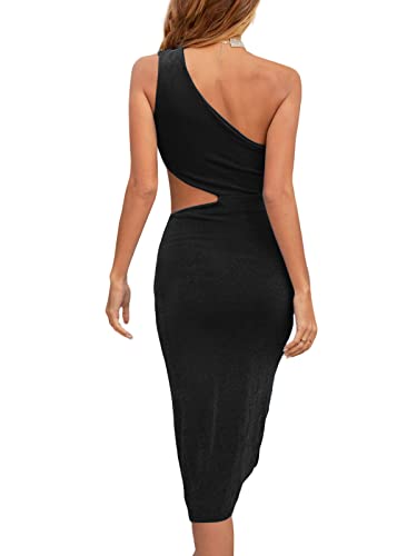 Lyaner Women's Sexy One Shoulder Cut Out Split Sleeveless Bodycon Club Midi Dress Solid Black Small #TOP1