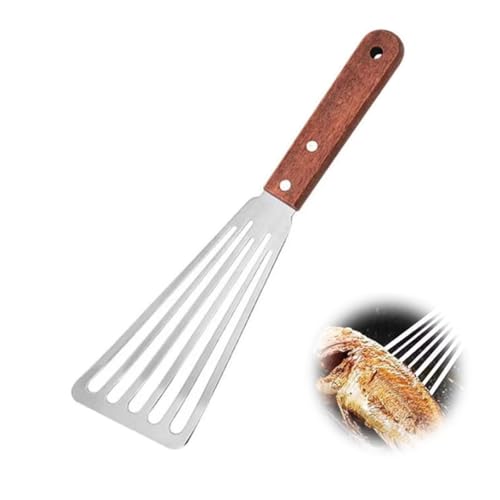 Lumi Zenva Espátula Ranurada con Borde Biselado de Acero Inoxidable, Ideal para Cocina Profesional, Hoja 16 cm y Mango Antideslizante de 28 cm, Resistente a Altas Temperaturas