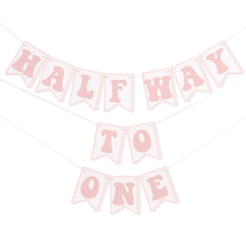Image of Half Way To One Pink Banner - Sweet 6 Months Birthday Decorations,Pink Cake Smash Photo Backdrop,Little Princess 1 /2 Birthday Party Banner,Home Wall Mantel Hanging Garland.