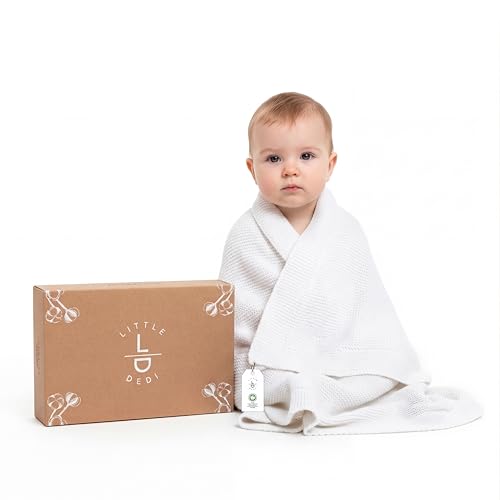 Little Dedi Strickdecke aus 100% Bio-Baumwolle GOTS Zertifizert, 80x100 cm. Weiss- Atmungsaktiv, Temperatur regulierend, in eleganter Geschenkbox für Babys