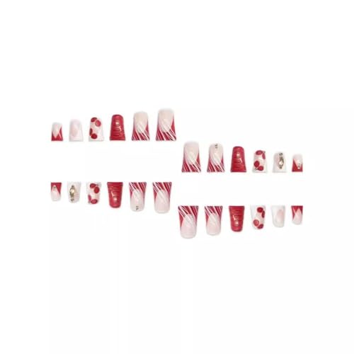 Image of Red Press on Nails Flower Fake Nails Duck Nail Press ons with Diamond Design French Tip Glue on Nails Reusable Artificial Acrylic Glossy Full Cover Stick on Nail for Women Manicure 24Pcs