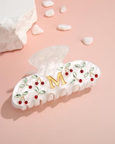 Image of CHLINS Initial Cherry Hair Clips for Women Girls - Cute Glitter Monogram Claw Clips with Rhinestone Cherry Print Hair Accessories, Ideal Birthday Bridesmaid Gifts for Teens Girls, Letter M