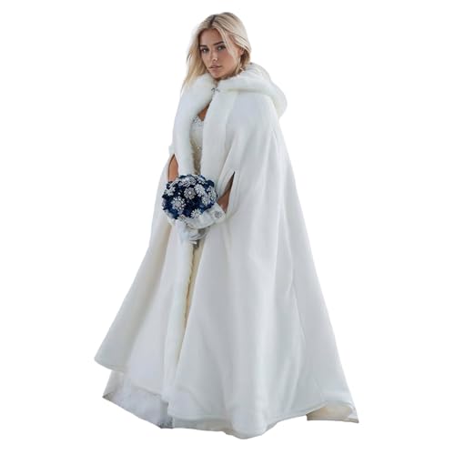 Women Wedding Cloak Shawl:Wedding Cape,Faux Fur Coat Hooded Cloak,White Faux Fur Jacket Bridal Coats Wraps