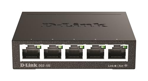 Image of D-Link DGS-105, 5 Port Gigabit Ethernet Switch Unmanaged, Network Splitter, Silent Fanless, Network Hub, Sturdy Metal with Shielded Ports, Desktop /Wall Mount, QoS, Energy Saving, Plug and Play