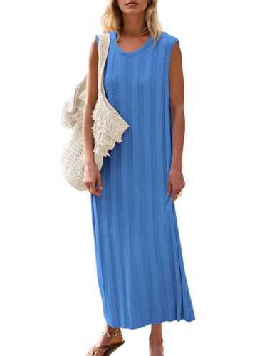 Fisoew Women's Summer Sleeveless Maxi Dress Scoop Neck Ribbed Knit Tank Top Dresses, Blue, S