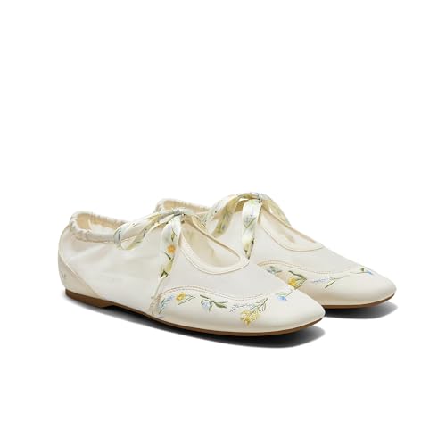 VIVAIA Ciara Womens Sneakerinas Square Toe Organza Ballet Flat Sneaker Comfortable Soft Elegant Barefoot-Like Flat Shoes Cream Floral Size 8.5