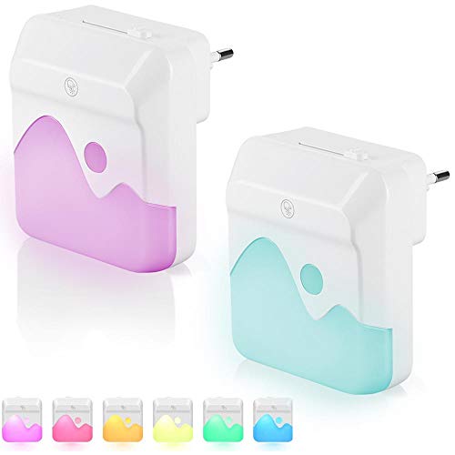 BAKAJI Luci Notturne per bambini con sensore crepuscolare Set 2 pezzi con 6 LED Rispamio energetico 3 Funzioni Luce Bianco Caldo Freddo RGB Cambio Color Dimmerabile Illuminazione Cameretta (Design 1)