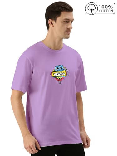 Image of Veirdo Oversized Baggy Fit Pure Cotton Drop Shoulder Half Sleeve & Aesthetic Black & Lilac Back Doodle & Tiger Graphic Printed Round Neck T-Shirt for Men