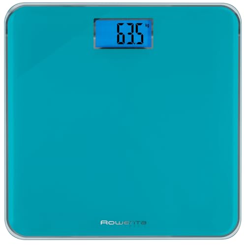 Rowenta Classic BS1503   Báscula de baño con Pantalla LCD, Compacta, Capacidad de 160 kg, Plataforma de Vidrio y Apagado Automático que Incluye Pilas, color Turquesa