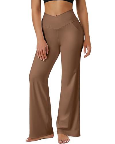 AUWUKA Calça feminina cruzada de perna larga para ioga com bolsos cintura alta solta perna reta calç