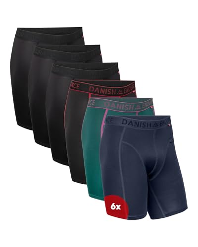 DANISH ENDURANCE Mens Boxers, Anti Chafing, Long Leg or Regular, Sports Underwear Men, Running Boxers, 6 Pack, Multicolor (3xBlack, 1xBlack/Red, 1xGreen/Purple, 1xBlue) Extra long,